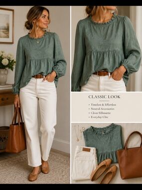 Lumiere Sage Green Ruffle-Neck Peplum Blouse